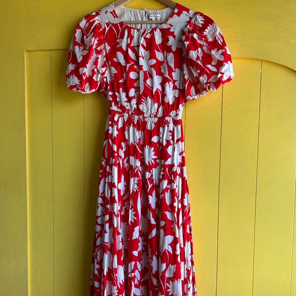 Red and white maxi dress with lower back cut out